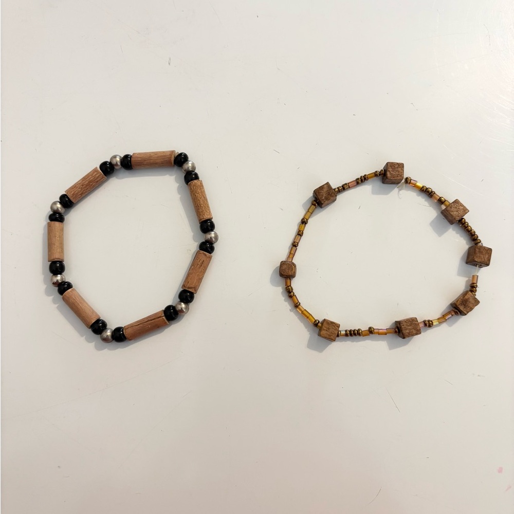 2 for $30 Set of 2 Boho Wood & Bead Stretch Bracelets